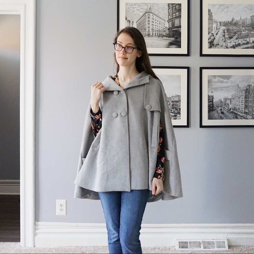 Gray wool hooded cape coat